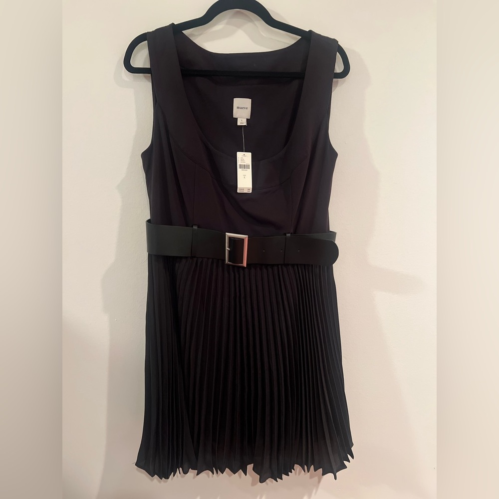 NWT Maeve Sleeveless Black Pleated Midi Dress with Belt - Large - Anthropologie
